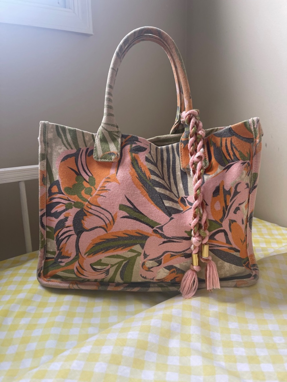 Vince Comuto Floral Pink Canvas Tote Bag with Braided Tassel